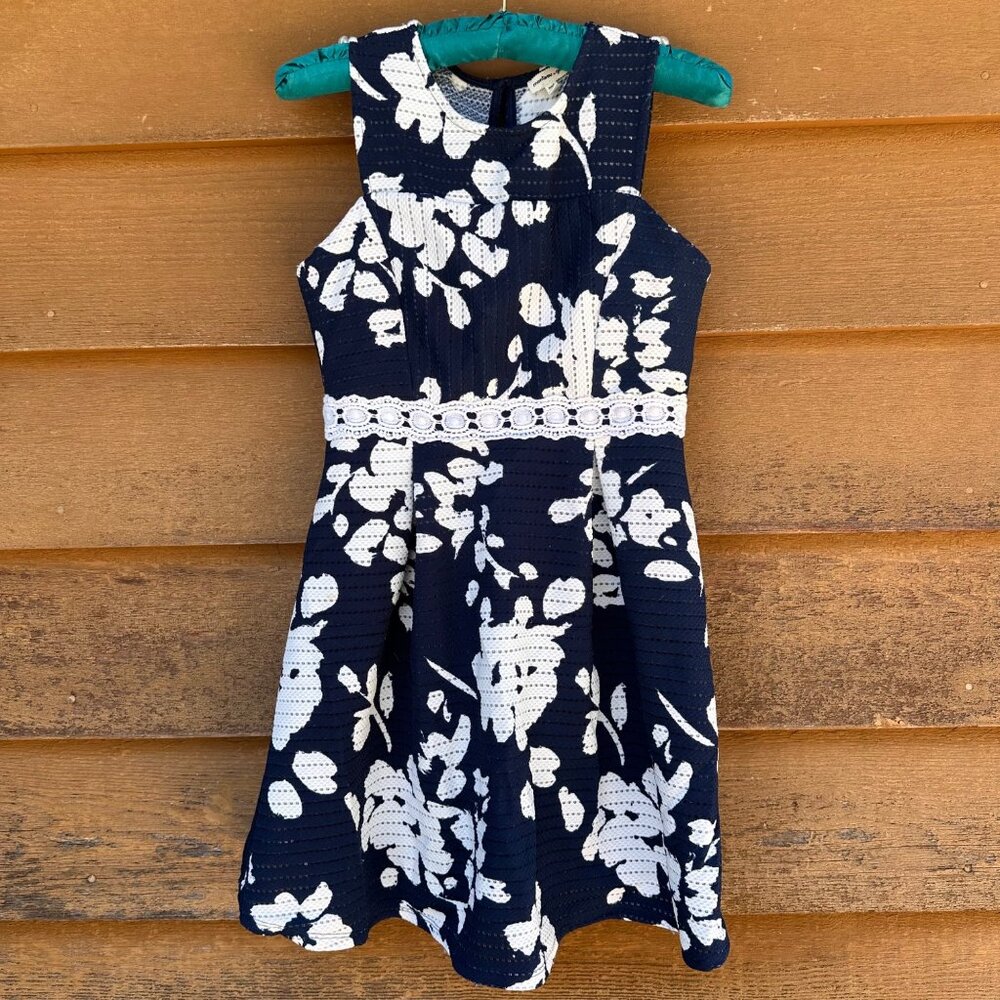 Monteau Girl Blue Floral Sleeveless Dress Size L 12 Decorative Lace Waist